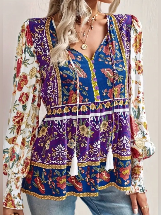 Tops - Boho Floral Tie-Front Long Sleeve Top in Purple & Navy